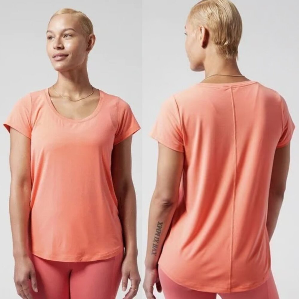 Athleta Stratus II Short Sleeve Tee Top Sunset Glow Coral Scoop Neck $59 Modal